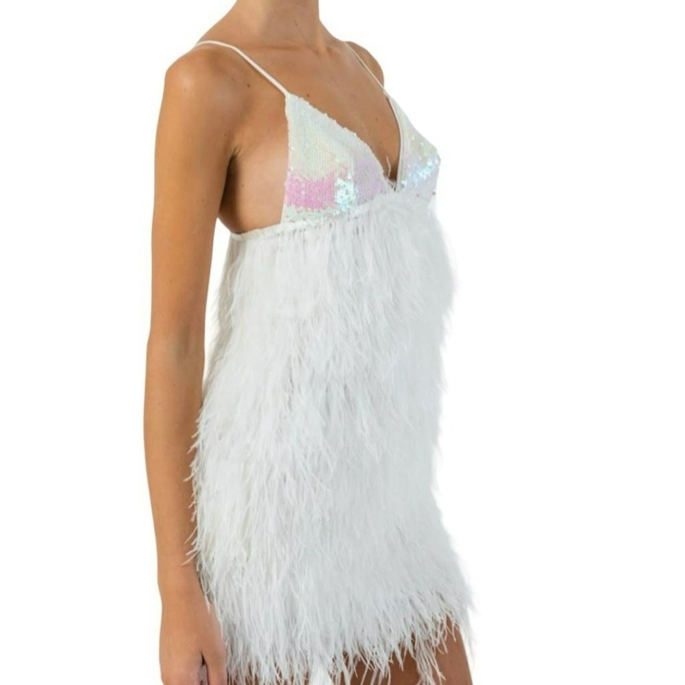 KikiRiki Ostrich Feather Sparkle Mini Dress White Size Small NWT